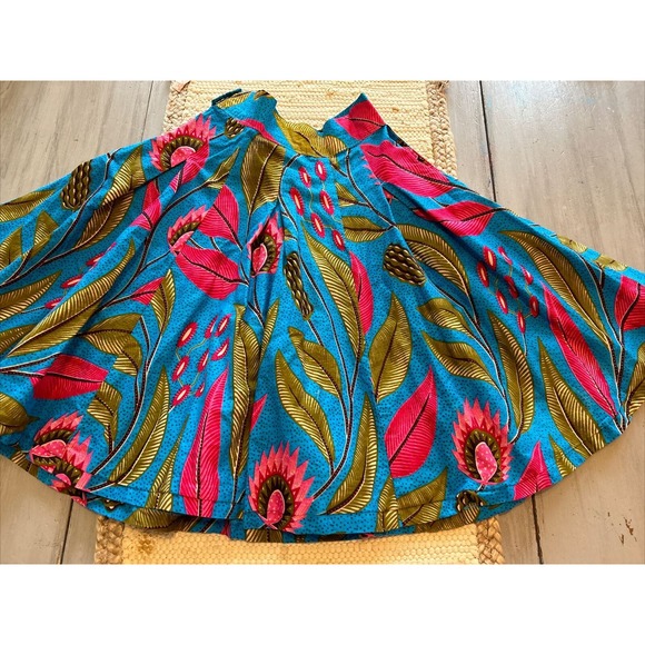 Francis + Benedict Blue Pink Leaves Pleated Skirt African Sz XS Side Zip Pocket - Picture 8 of 10